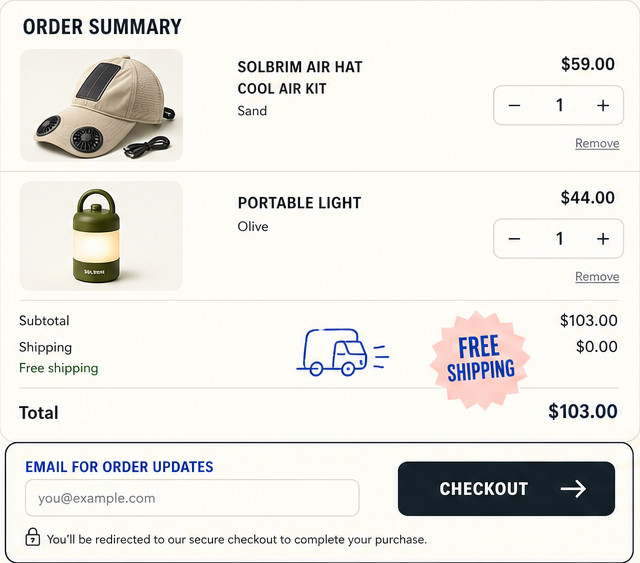 Order summary for Solbrim Air Hat and Portable Light
