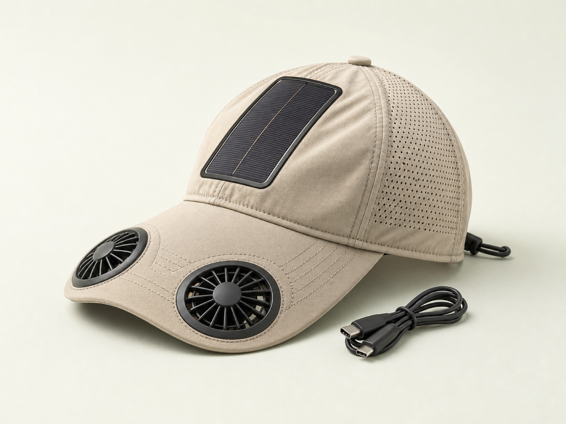 Solbrim Air Hat with twin brim fans, solar panel and USB-C cable