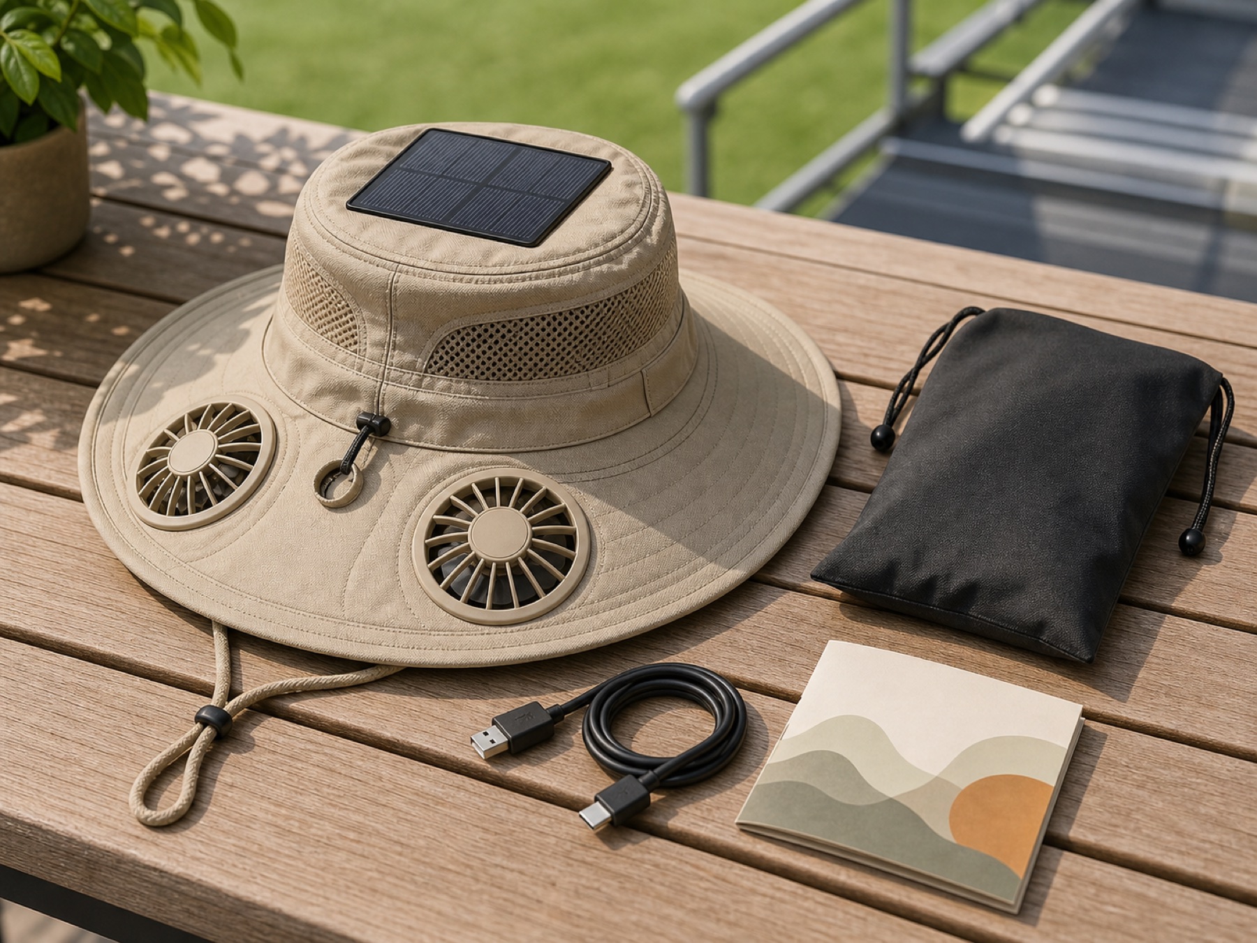 Solbrim Air Hat outdoor kit with storage pouch and USB-C cable