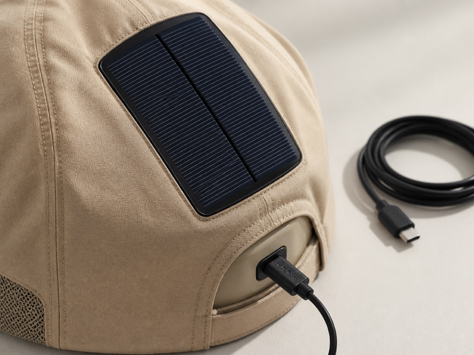 Close view of the solar panel and USB recharge detail on Solbrim Air Hat
