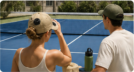 Two people using Solbrim gear on a sunny tennis court